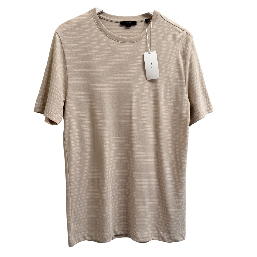 Vince Striped Crew Neck Short Sleeve T-Shirt Beige White Mens Medium COTTON NWT